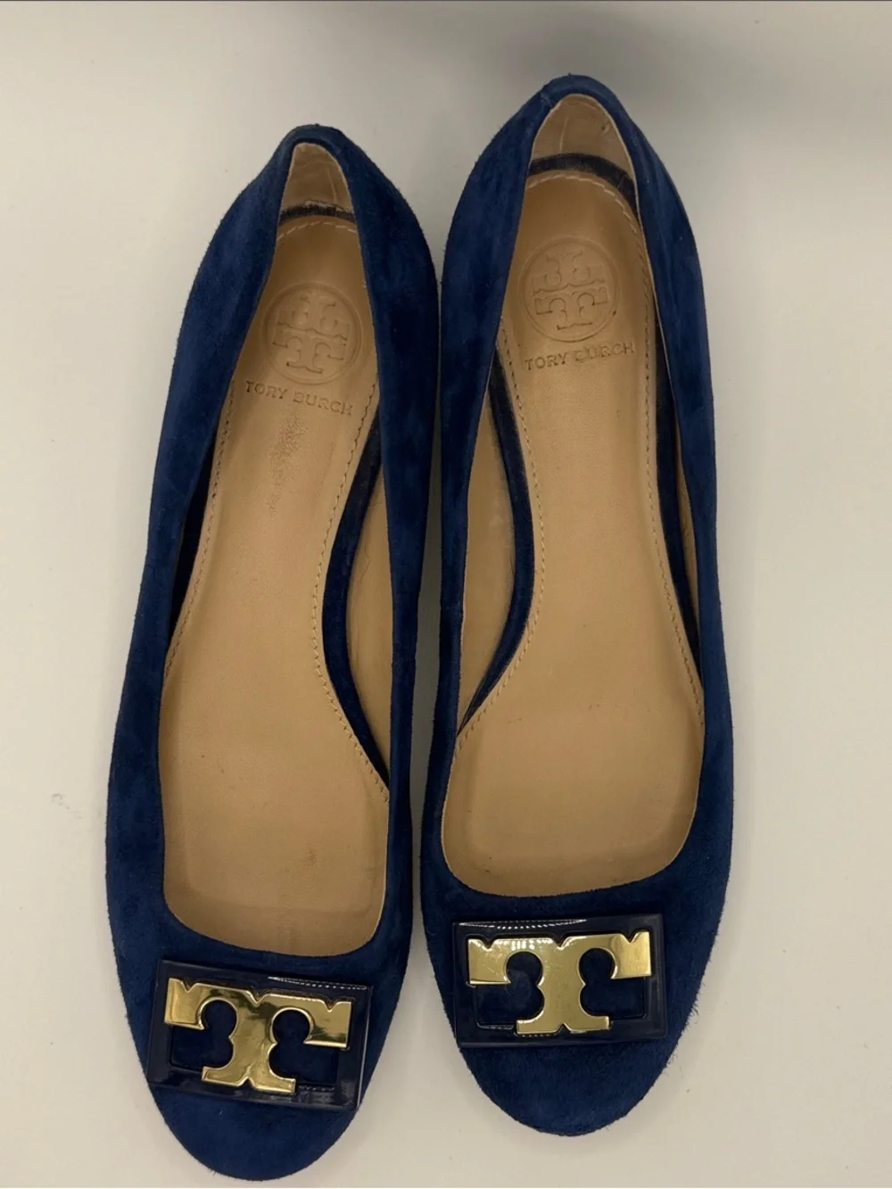Tory Burch “Gigi” Navy Suede Pumps with Block Heel and Gold T Logo at the Toe